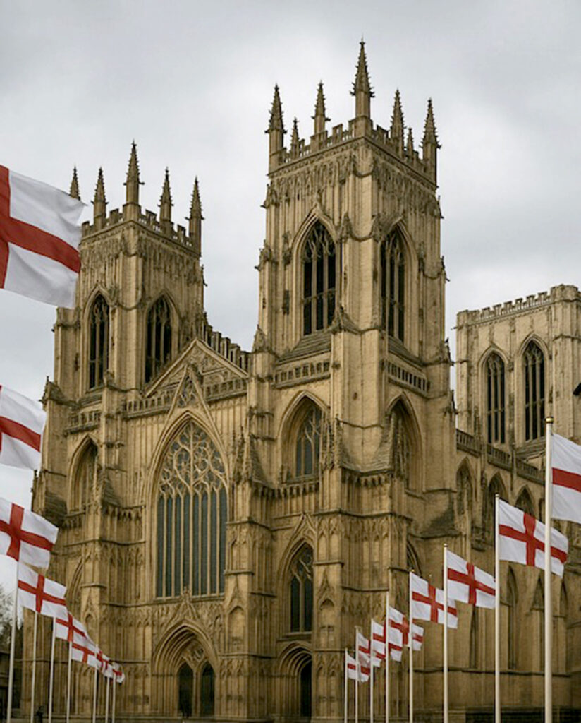 Image of York Minster in background under a grey sky with lost of lamposts in foreground flying the English flag.